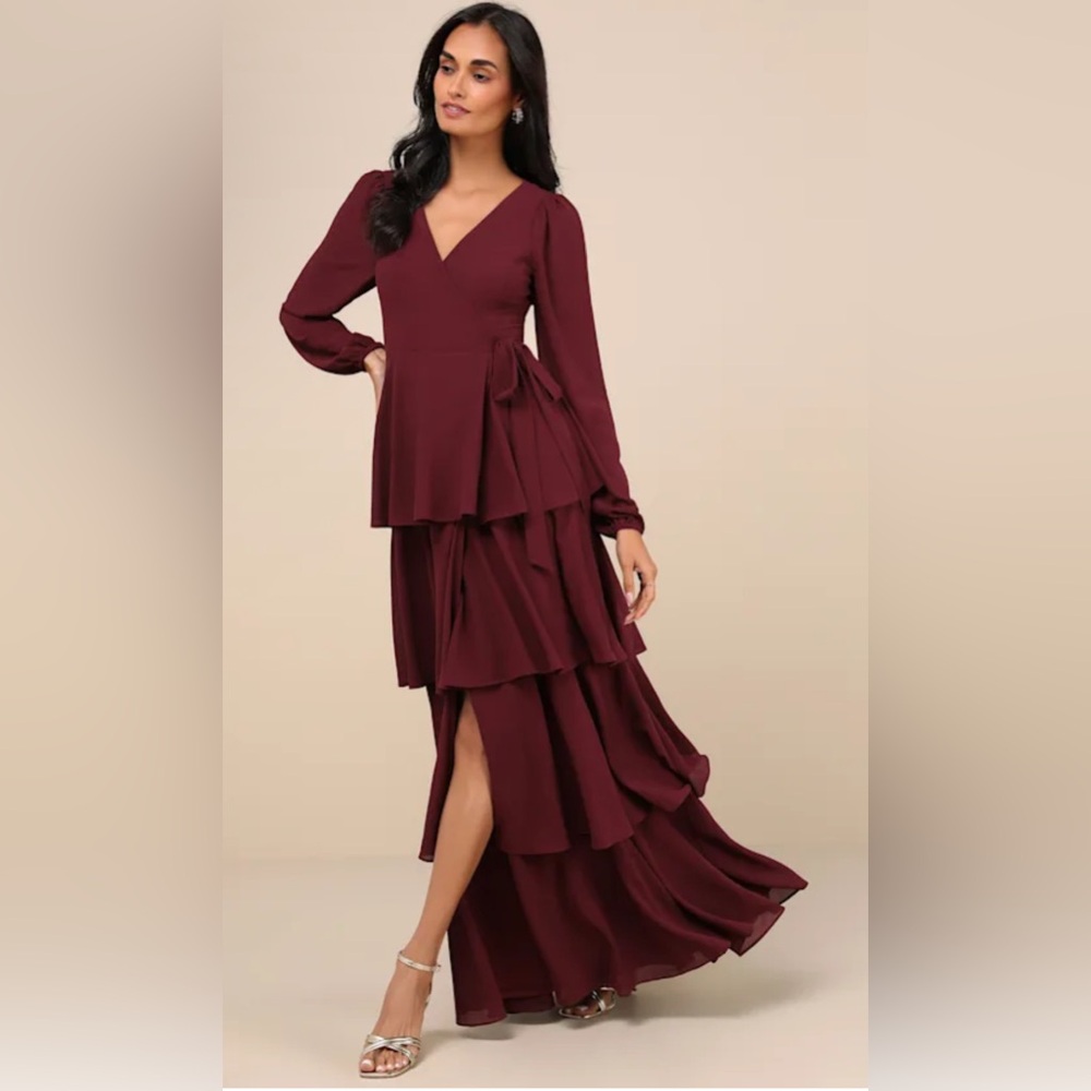 NWT Lulus Marvelous Grace Plum Long Sleeve Tiered Wrap Maxi Dress Size XS